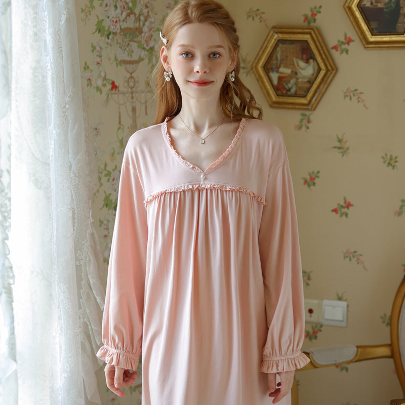 French Solid Color V-Neck Long Sleeve Nightdress With Small Hemline