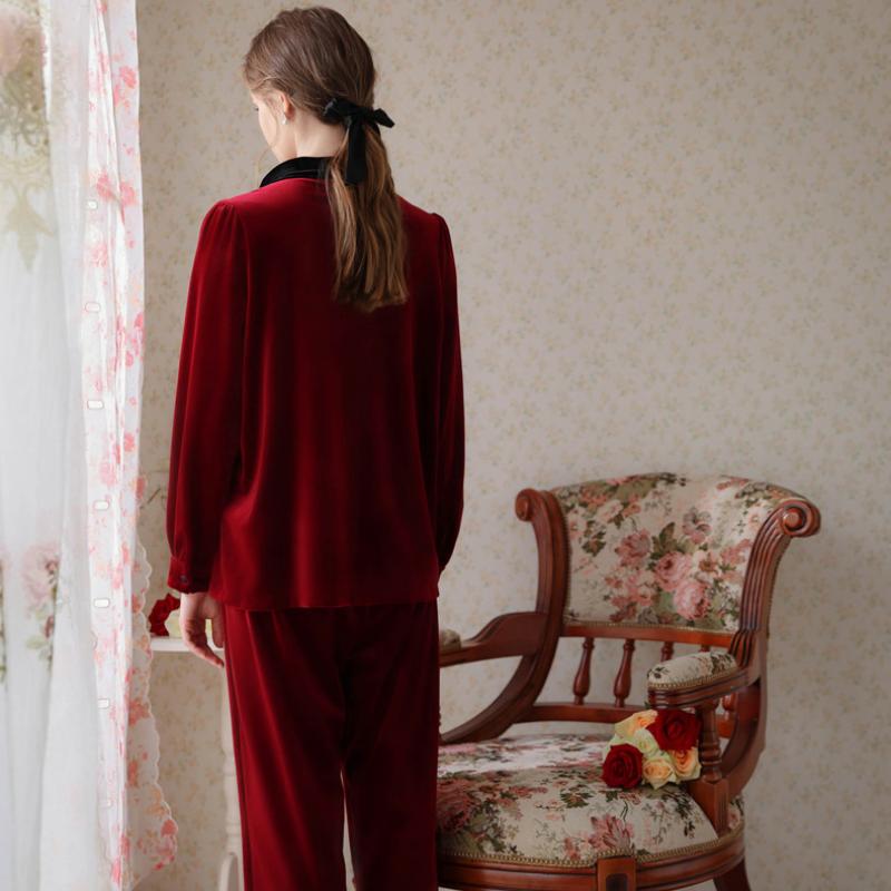 Simple Burgundy Lapel Velvet Long Sleeve Trousers Pajamas Set