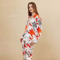 19 Momme Mulberry Silk Orange Houndstooth Long Sleeve Trousers Pajamas Set