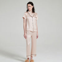 19 Momme Mulberry Silk Solid Short Sleeve Trousers Pajamas Set