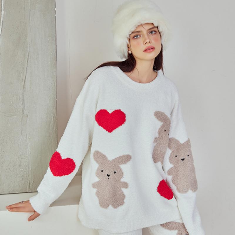 Heart And Rabbit Half-Pile Flannel Pullover Long-Sleeved Pant Pajamas Set