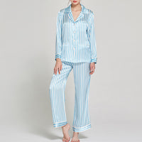 16 Momme Mulberry Silk Vertical Stripe Long Sleeve Trousers Pajamas Set