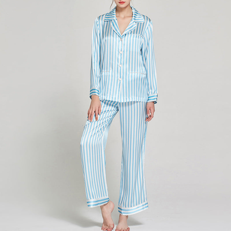 16 Momme Mulberry Silk Vertical Stripe Long Sleeve Trousers Pajamas Set