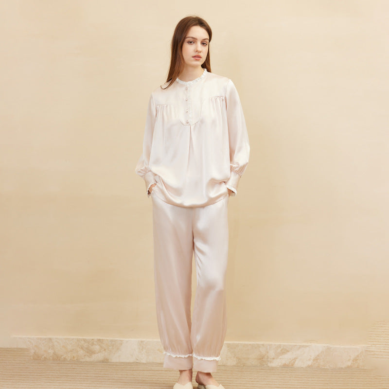 19 Momme Mulberry Silk Retro Style Long Sleeve Trousers Pajamas Set