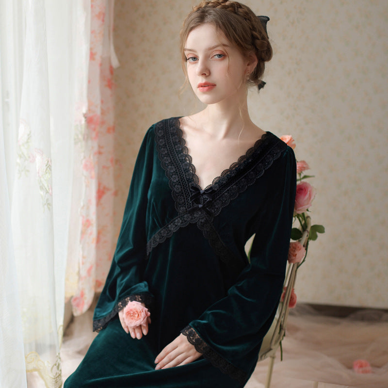 Lace Velvet Long-Sleeved Nightdress With Flared Sleeves