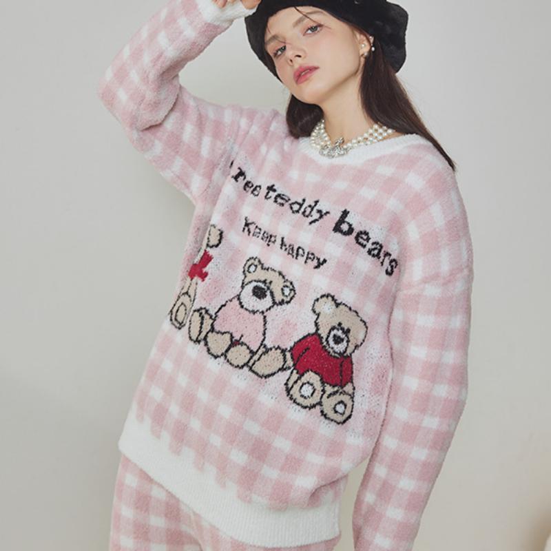 Pink checked bear Half-Pile Flannel Pullover Long Sleeve Trousers Pajamas Set