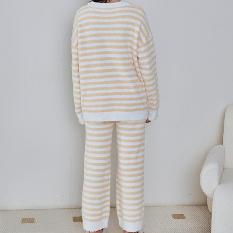 Yellow Stripe Letter Embroidery Half-Pile Flannel Pullover Long Sleeve Trousers Pajamas Set