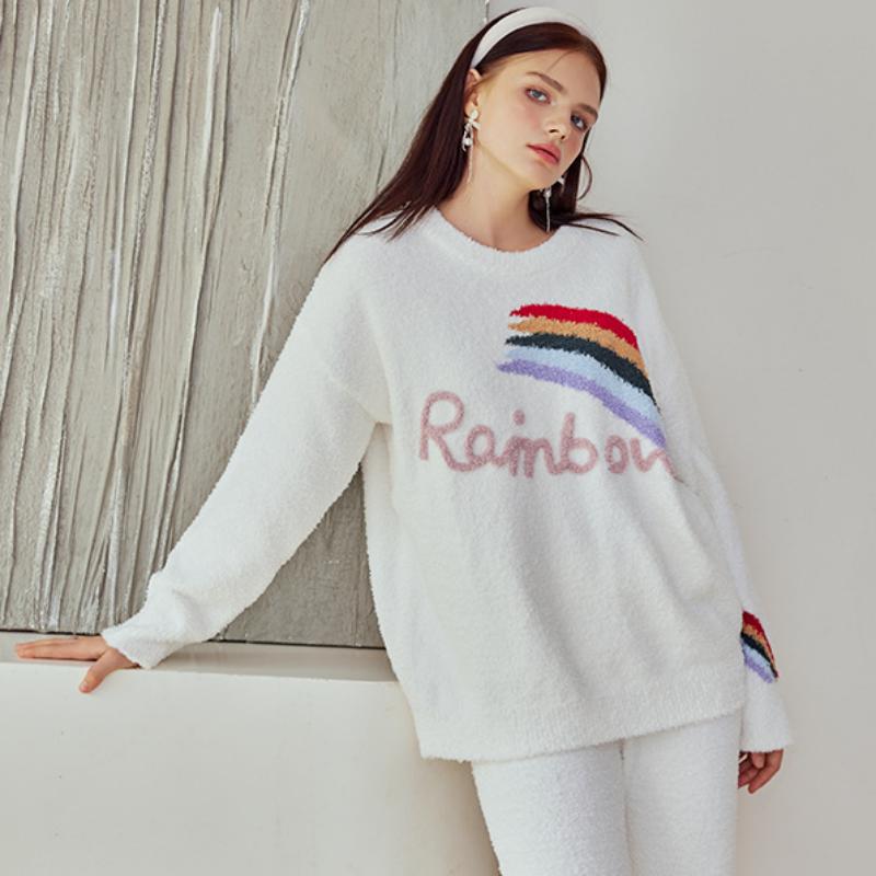 White Rainbow Half-Pile Flannel Pullover Long Sleeve Trousers Pajamas Set