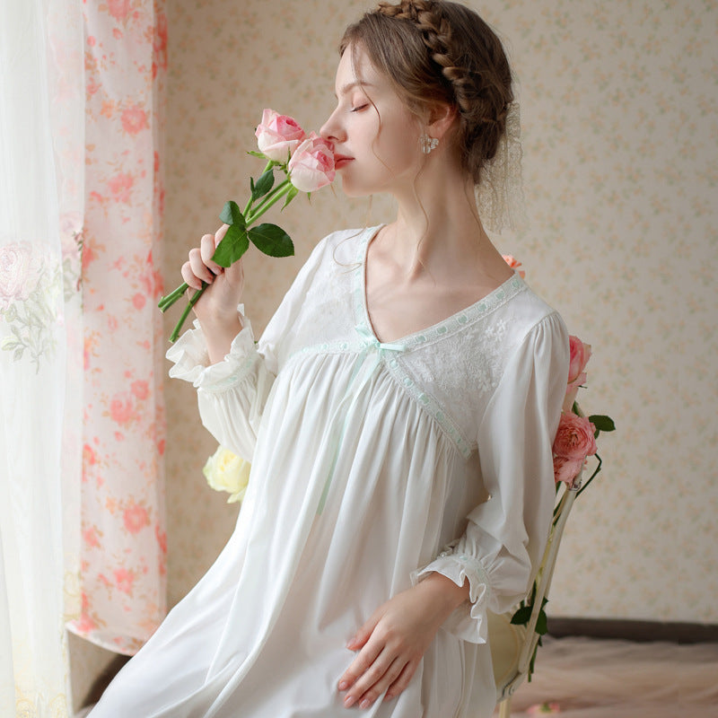 White Elegant V-Neck Bow Ribbon Long Sleeve Cotton Nightdress