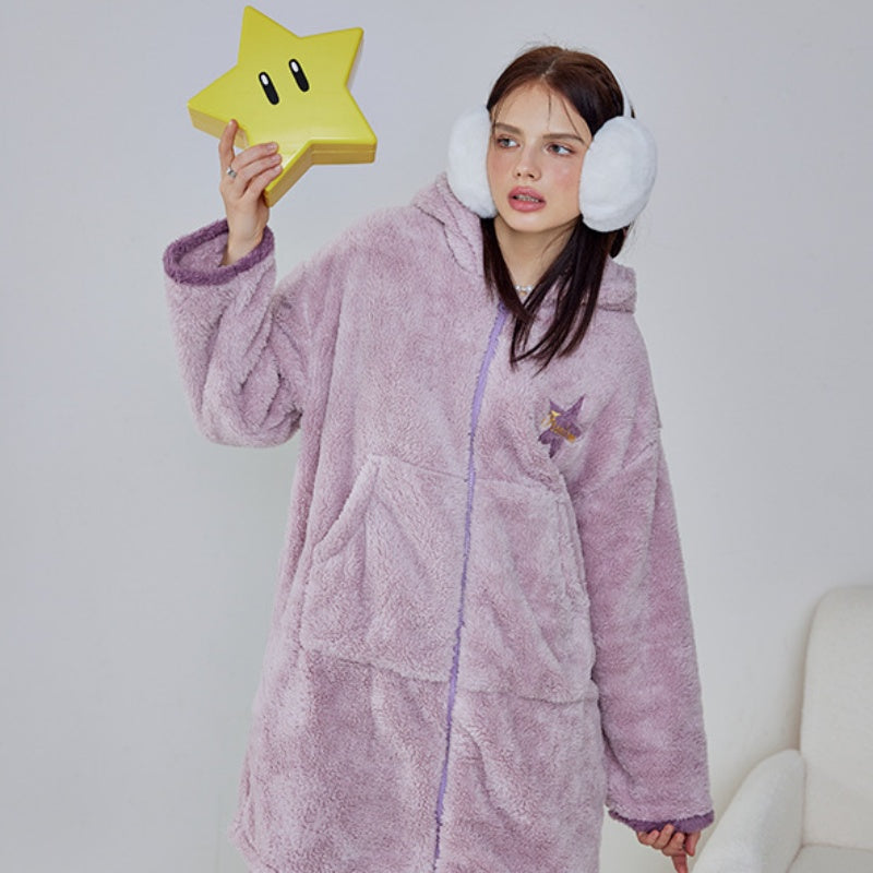 Purple hooded Thickening Half-Pile Flannel Long Sleeve Trousers Pajamas Set