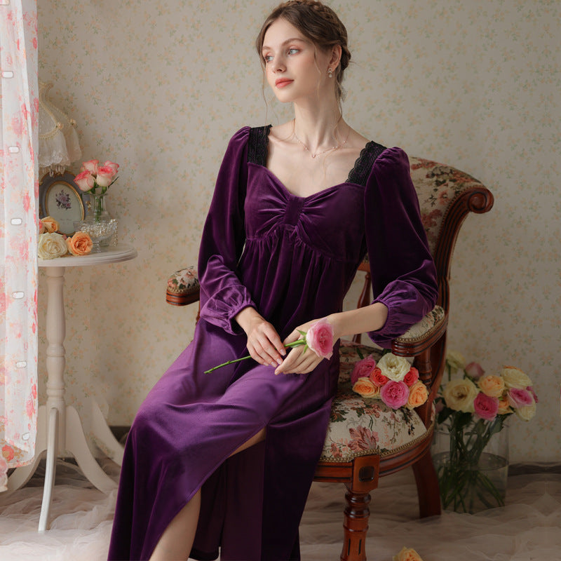 French Bow Side Slit Velvet Long Sleeve Nightdress