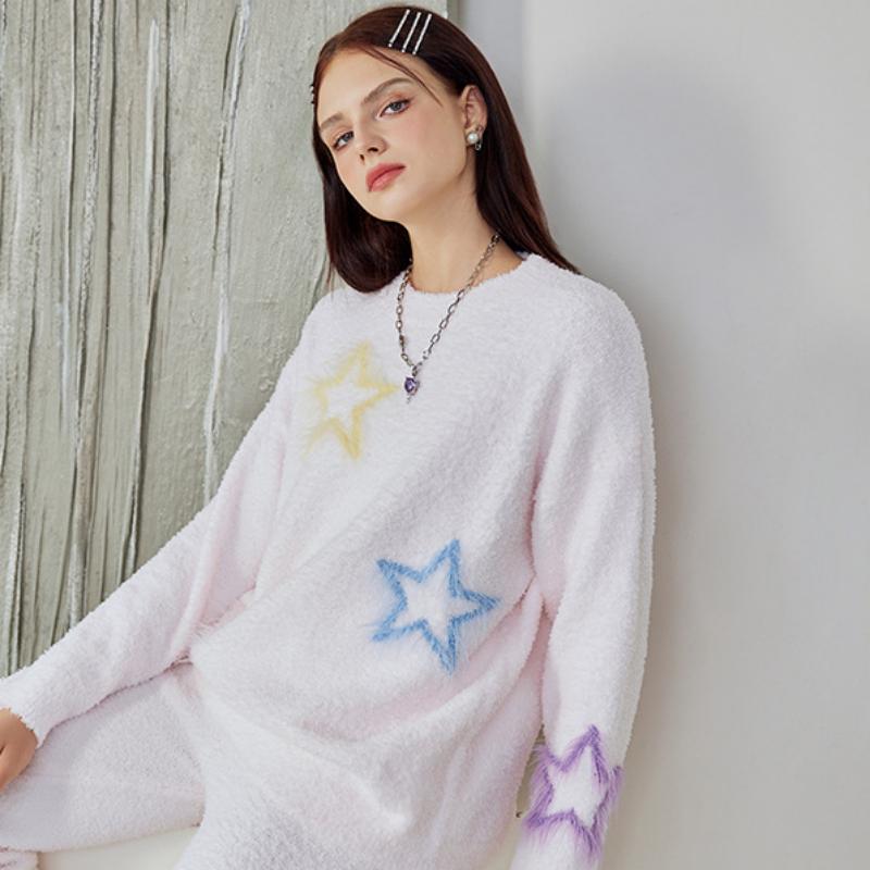 Pink Stars Half-Pile Flannel Pullover Long Sleeve Trousers Pajamas Set