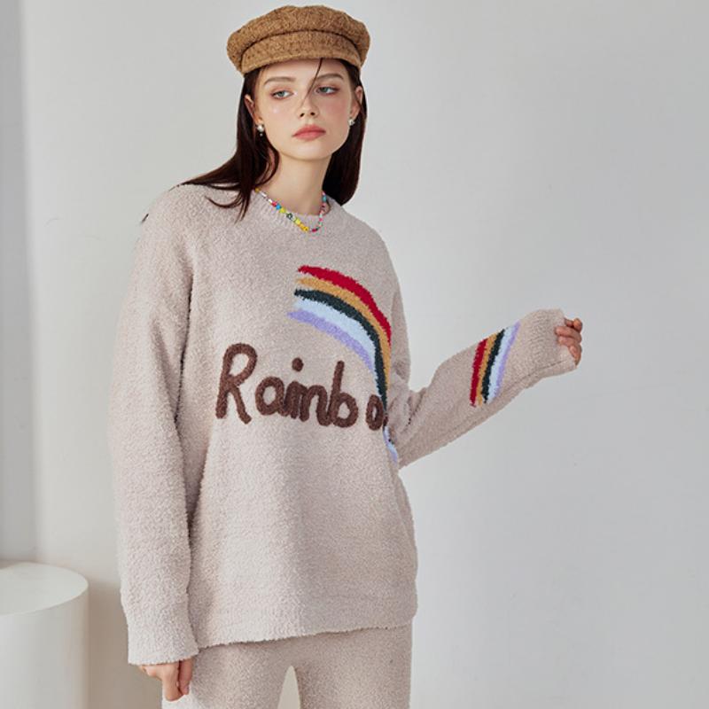 Khaki Rainbow Half-Pile Flannel Pullover Long Sleeve Trousers Pajamas Set