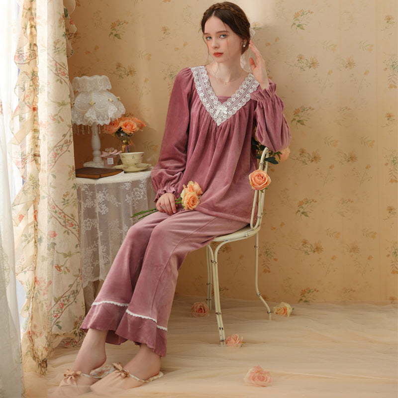 Fuchsia V-Neck Lace Velvet Long Sleeve Trousers Pajamas Set