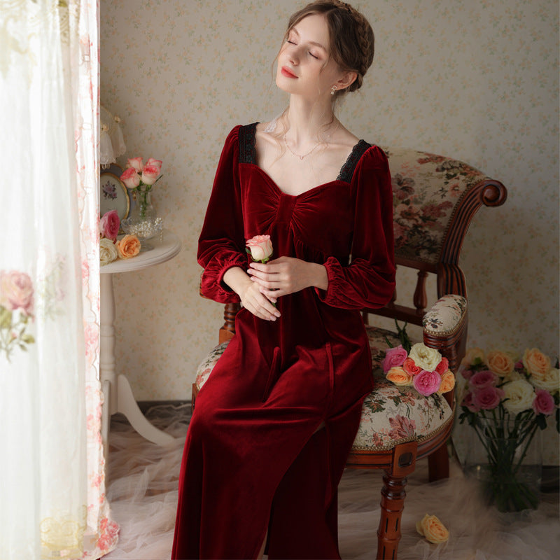 French Bow Side Slit Velvet Long Sleeve Nightdress