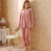 Solid Color Doll Collar Lace Velvet Long Sleeve Pants Pajamas Set