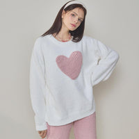 White Big Heart Half-Pile Flannel Pullover Long Sleeve Trousers Pajamas Set