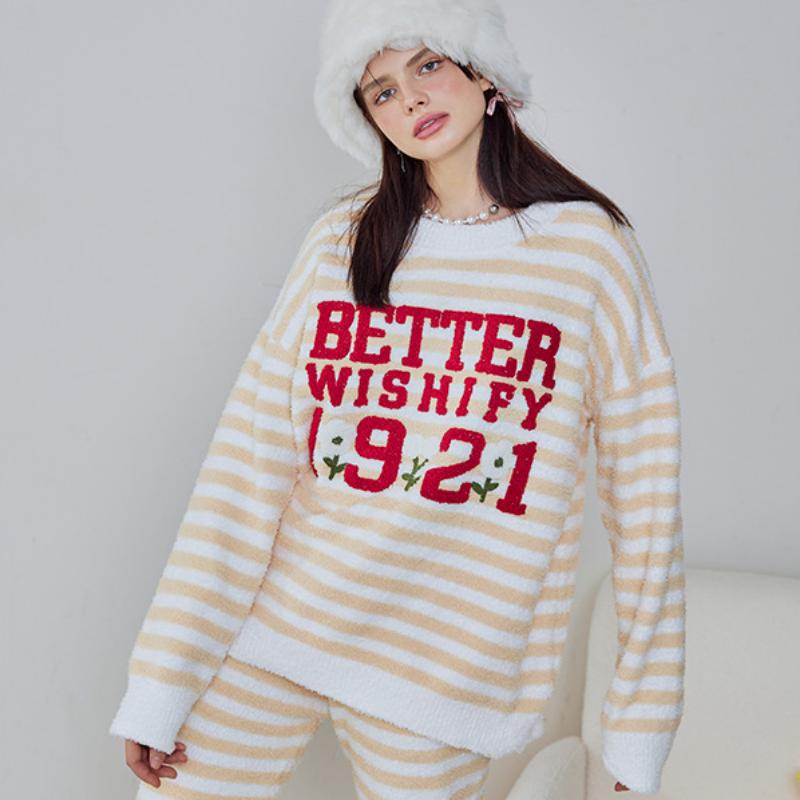 Yellow Stripe Letter Embroidery Half-Pile Flannel Pullover Long Sleeve Trousers Pajamas Set