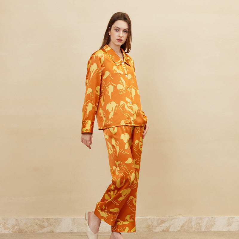 19 Momme Mulberry Silk Orange Print Long Sleeve Trousers Pajamas Set