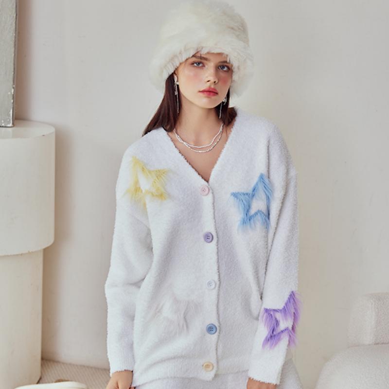 White Stars Half-Pile Long Sleeve Trousers Pajamas Set