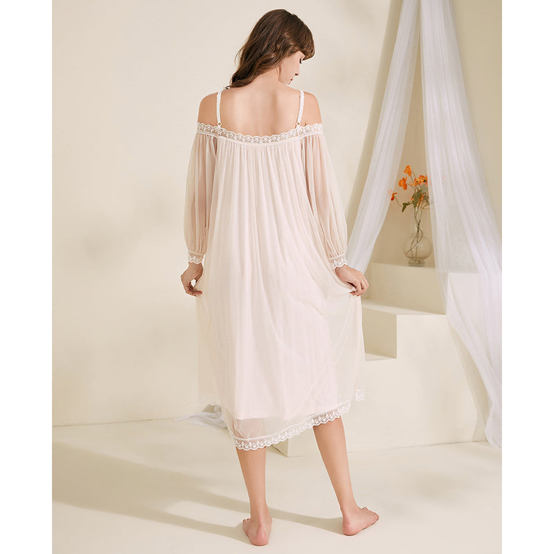 White Off-the-shouler Mesh Long Sleeves Nightgown