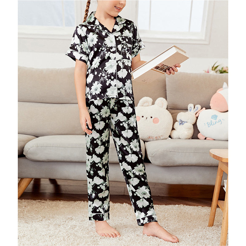 Black Floral Print Trimmed Kids' Pajamas