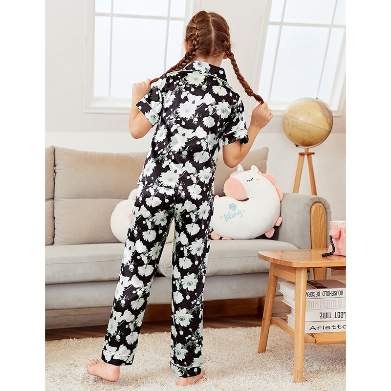 Black Floral Print Trimmed Kids' Pajamas