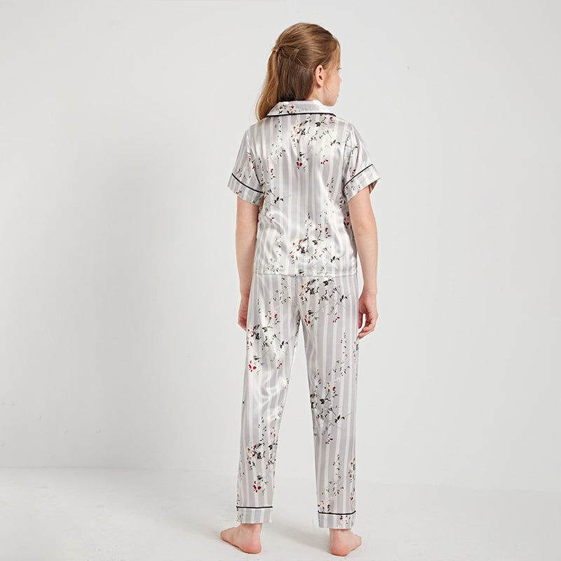 Silver Stripe & Floral Print Kids' Pajamas