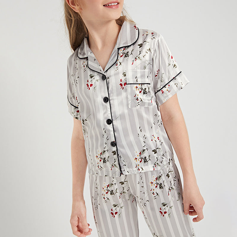 Silver Stripe & Floral Print Kids' Pajamas