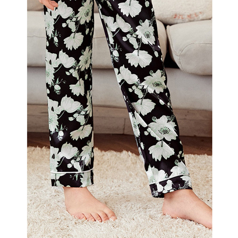 Black Floral Print Trimmed Kids' Pajamas