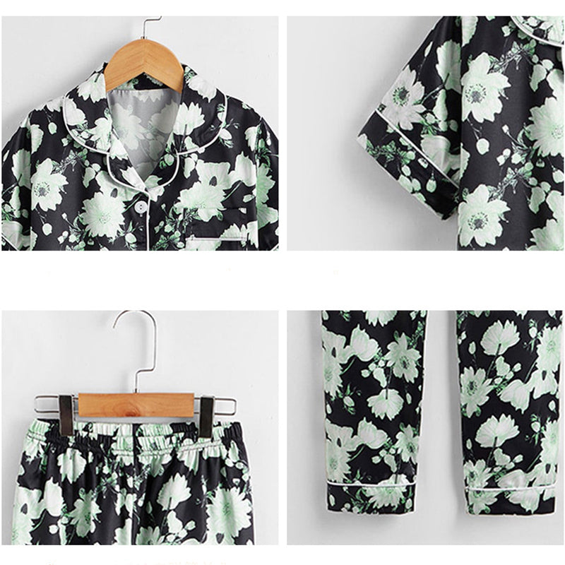 Black Floral Print Trimmed Kids' Pajamas