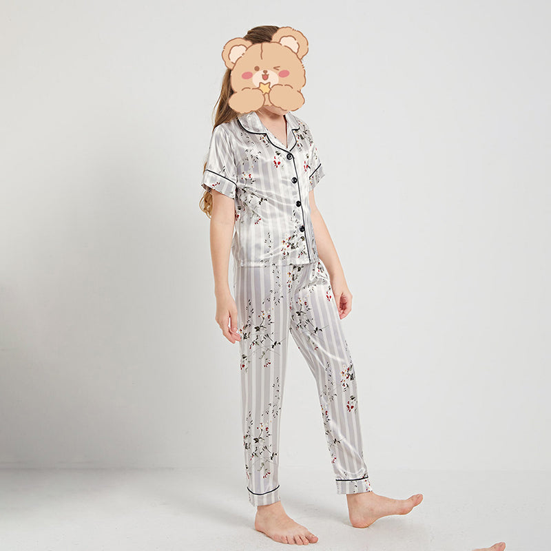 Silver Stripe & Floral Print Kids' Pajamas