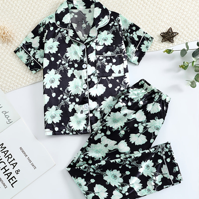 Black Floral Print Trimmed Kids' Pajamas